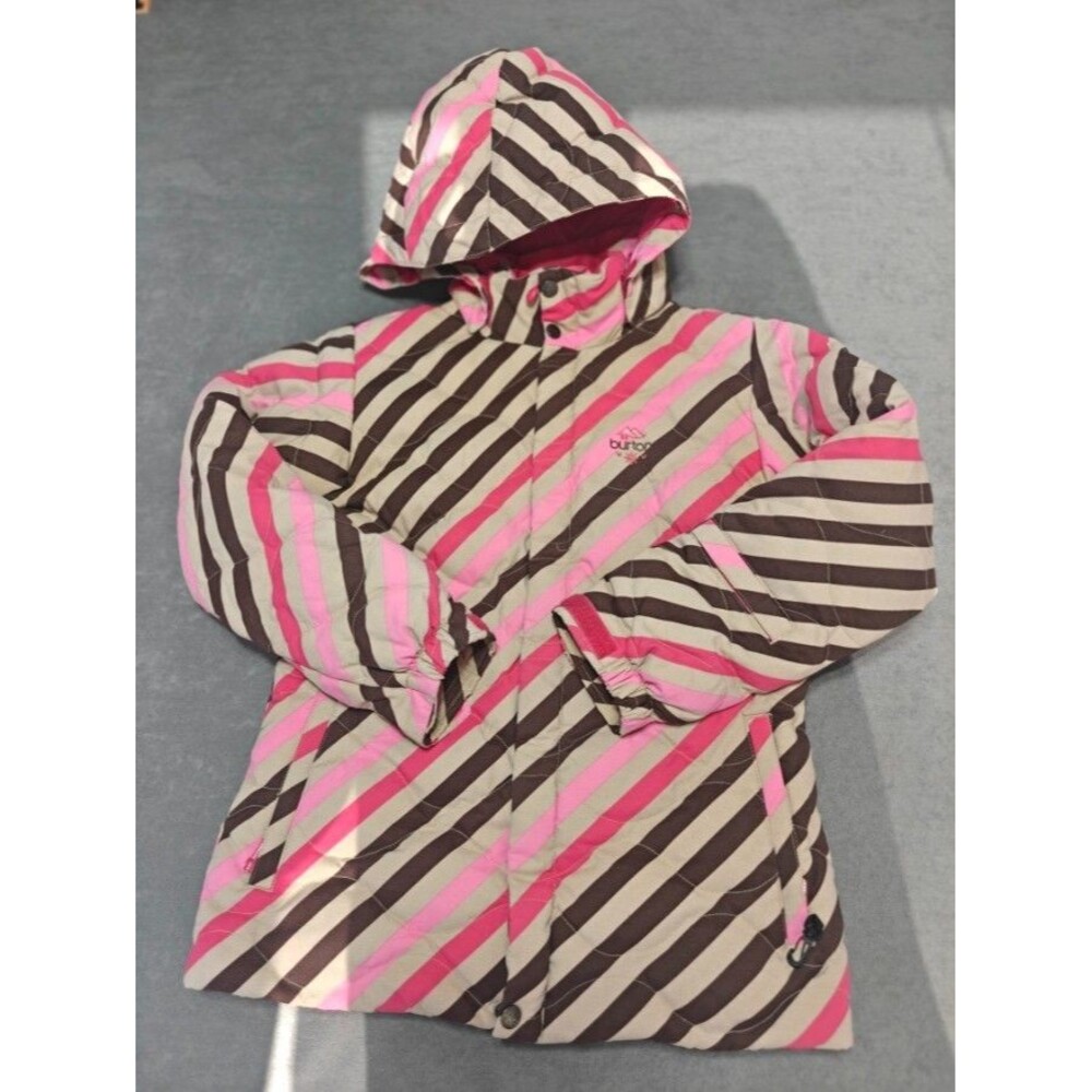 Burton Sugar & Spice Girls L 10/12 Snowboard Ski Jacket Pink Brown Striped Down